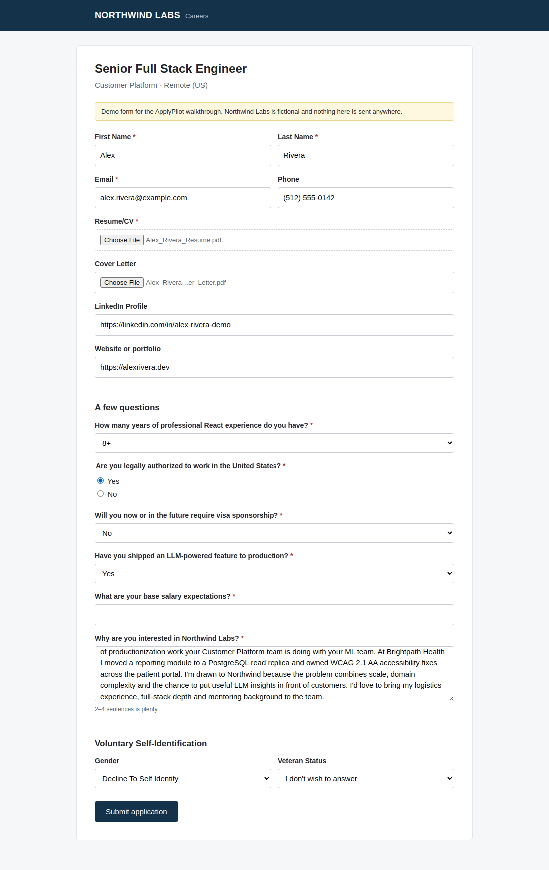 The Northwind Labs application form, filled in by ApplyPilot
